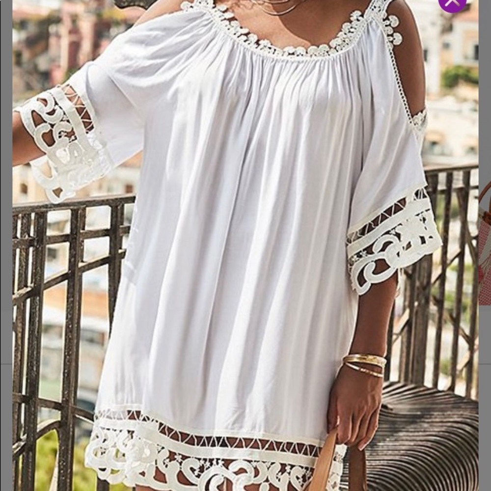 White lace trimmed, cut out shoulder swimsuit coverup